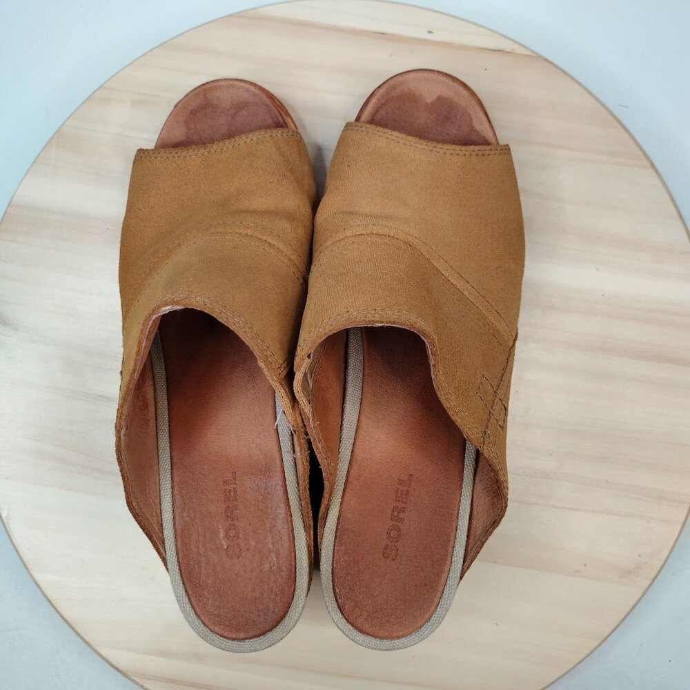 Sorel Joanie Mule I Leather Camel Brown Wedge Sandals Women US 9 - Picture 9 of 15